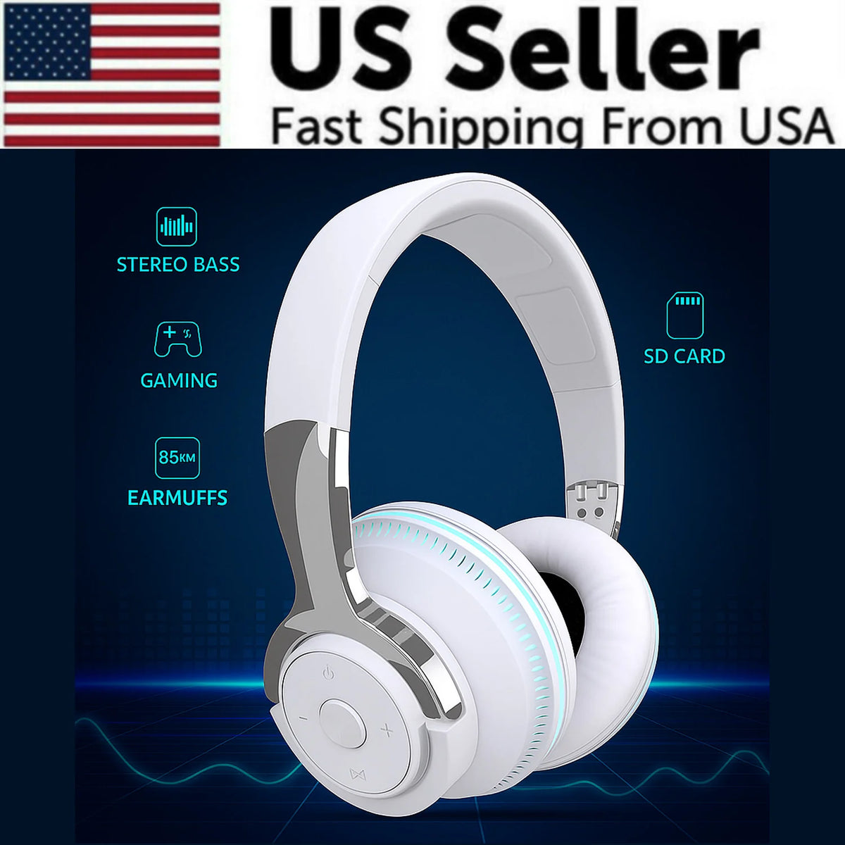 Wireless Bluetooth 5.1 Headphones over Ear LED Headset Stereo Noise Cancelling