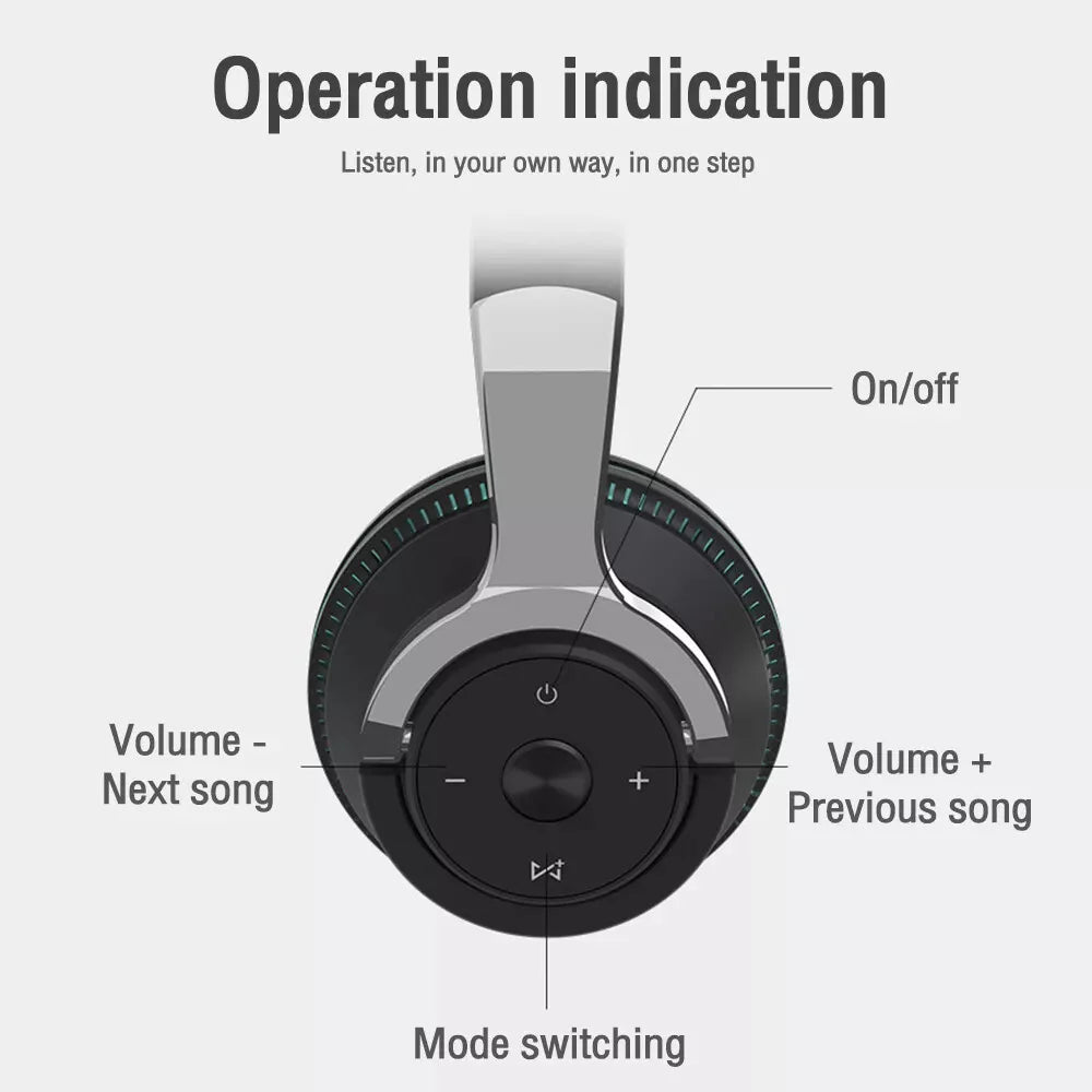 Wireless Bluetooth 5.1 Headphones over Ear LED Headset Stereo Noise Cancelling