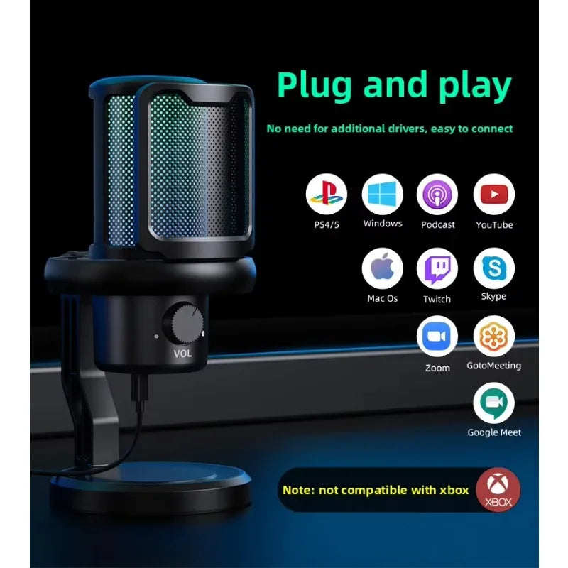 USB Gaming Microphone Condenser Microphone for PC Gaming Ps4/Ps5/Mac/Mobile Phones with Cool RGB Lighting for Recording Mic