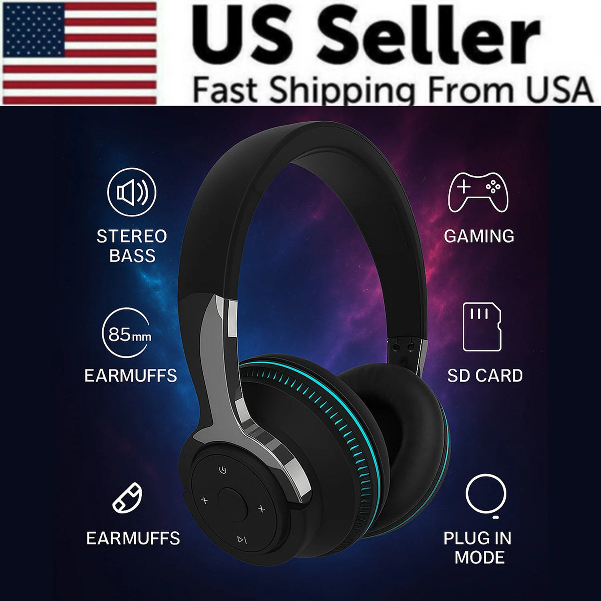 Wireless Bluetooth 5.1 Headphones over Ear LED Headset Stereo Noise Cancelling