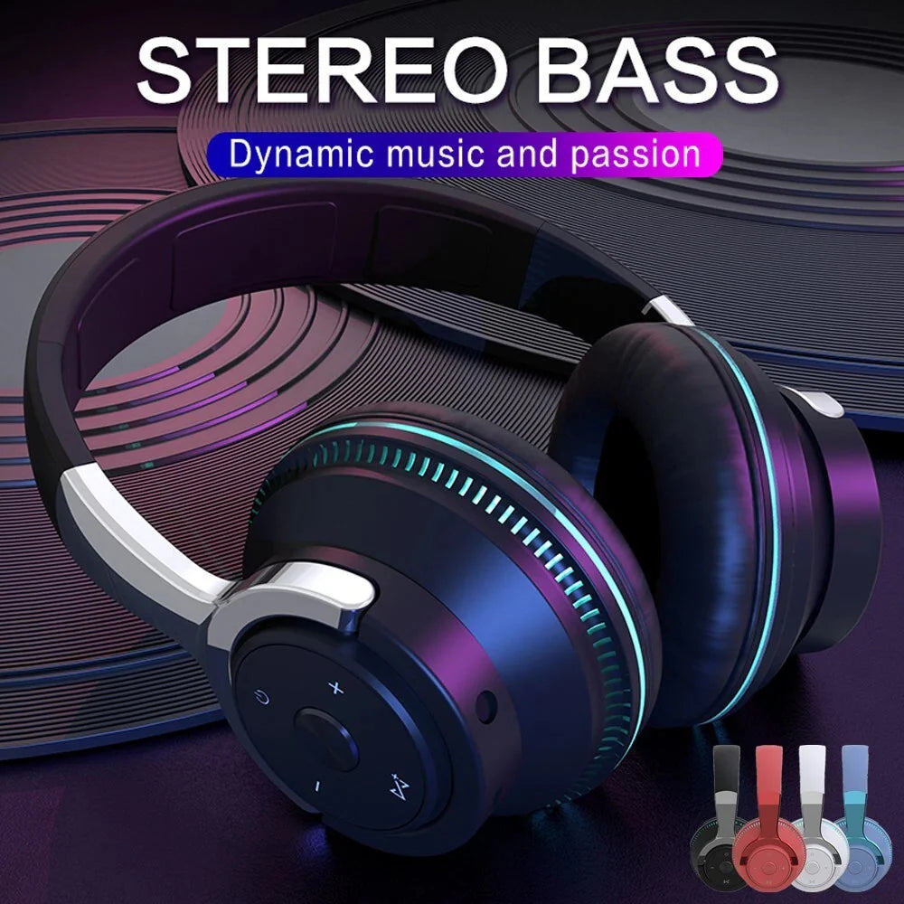 Wireless Bluetooth 5.1 Headphones over Ear LED Headset Stereo Noise Cancelling